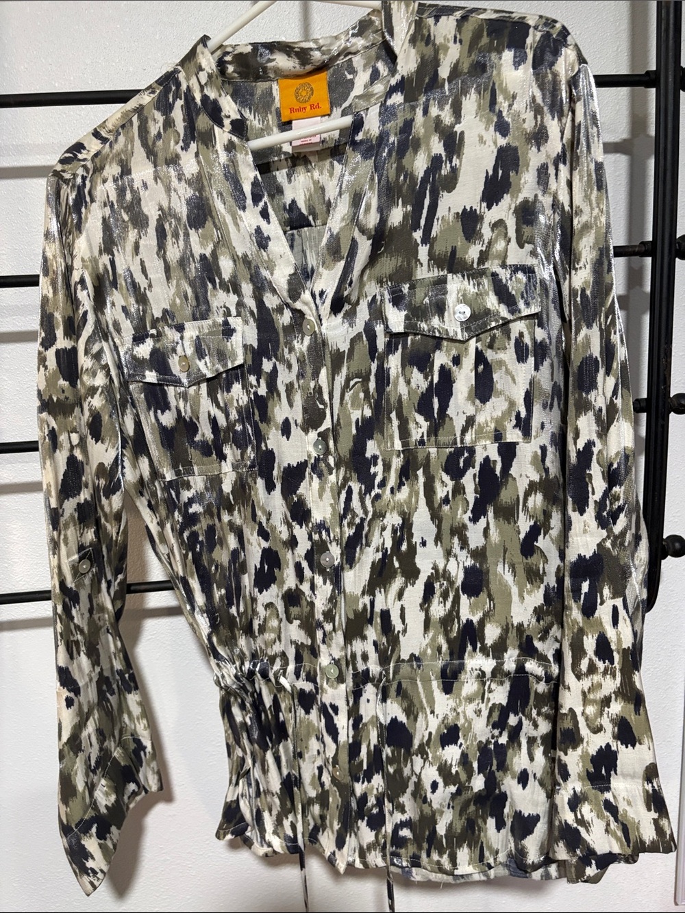 Ruby Rd. ~ Olive Green Slate Cream Shimmery Printed Button-Down Blouse
